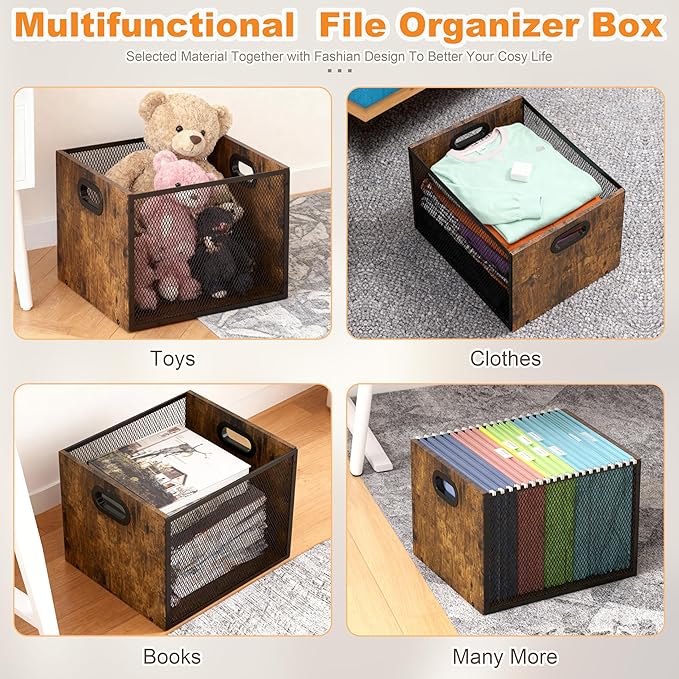 Piskyet 2Pcs Wooden Hanging File Organizer for desk, Metal Mesh File Folder Organizer Crate Cabinet Storage Box with Handle for Home Office Desk,Letter - Size,Rustic Brown