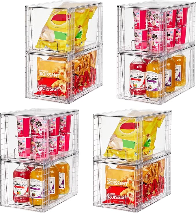 Vtopmart 8 Pack Large Stackable Storage Drawers,Clear Acrylic Drawer Organizers with Handles, Easily Assemble for Fridge, Bathroom,Kitchen Undersink,Cabinet,Pantry Organization and Storage