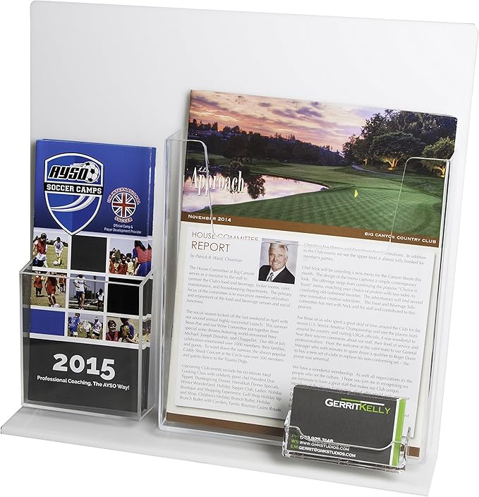 Clear-Ad - LHDC-1450 - White Acrylic Combination Desk Stand with Letter & Trifold Brochure Holders and Business Card Pocket – Multipurpose Desktop Organizer Stand (Pack of 2)