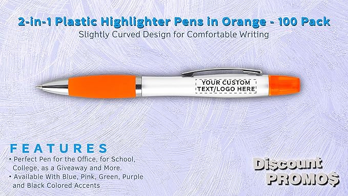 DISCOUNT PROMOS Personalized Plastic Highlighter Pens - 100 pack - Customizable Text, Logo - Orange