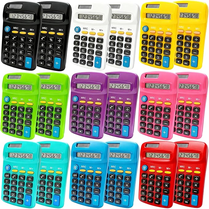 18 Pack Pocket Calculator Bulk: 8 Digit Hand Held Basic Calculator Small Solar Battery Dual Power Mini Calculators for Classroom Students Desktop School Home Office (Multicolor, 18 Pcs)