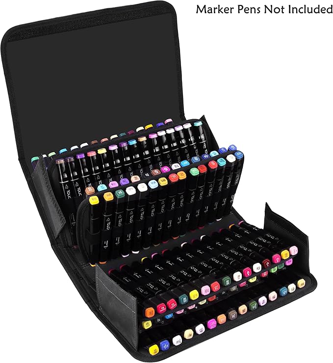 ADVcer Marker Case 120 Storage Holders, Foldable Extendable Oxford Lipstick Organizer with Carrying Handle, Shoulder Strap, QR Buckle, Zip Pocket for Copic, Prismacolor, Dry Erase, Color Paint Markers