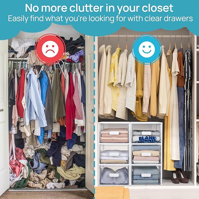 Vtopmart 4 Pack 18QT White Stackable Storage Drawers,Easily Assemble Closet Organizers,Plastic Storage Bins for Bathroom,Cabinet,Kitchen Pantry,Under Sink Organization(Medium)