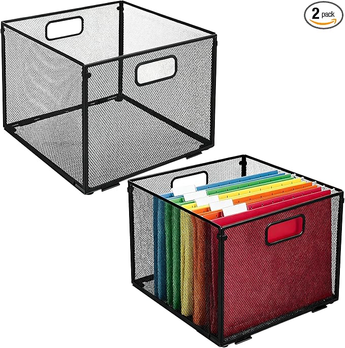 2 Pcs Heavy-Duty Metal Hanging Folder Organizers, 12.2 in Space-Saving Stackable File Crates for Hanging Folders, Portable & Foldable Multiuse File Folder Box with Handles, Black