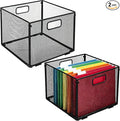 2 Pcs Heavy-Duty Metal Hanging Folder Organizers, 12.2 in Space-Saving Stackable File Crates for Hanging Folders, Portable & Foldable Multiuse File Folder Box with Handles, Black