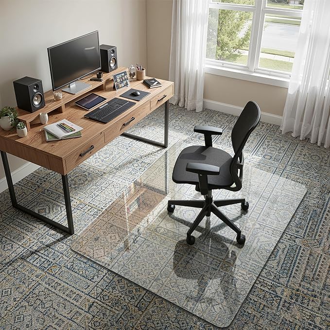 Homsion 45"x55" Tempered Glass Office Chair Mat for Carpet & Hardwood Floor, 1/5" Thick Clear Floor Protector Desk Chair Mat with Rounded and Polished Edges
