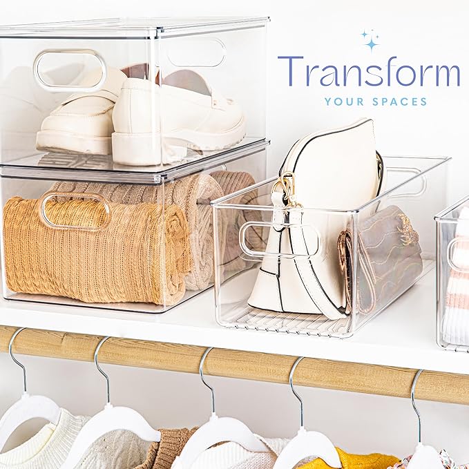 primebox Plastic Food Storage Clear Container Bin with Handles for Organizing Kitchen, Pantry, Fridge, Freezer, Pantry,Bathroom. 16"x6"x5"