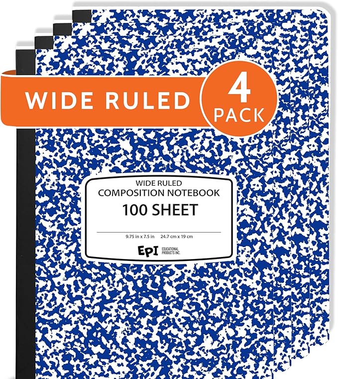 4 Pack EPI Wide Ruled Blue Cover Composition Notebook, Bulk, 200 pages (100 Sheets), 9-3/4 x 7-1/2, Marble, Bulk School Supplies, Hard Cover, Durable, Office Notebooks, Sturdy Sewn Binding