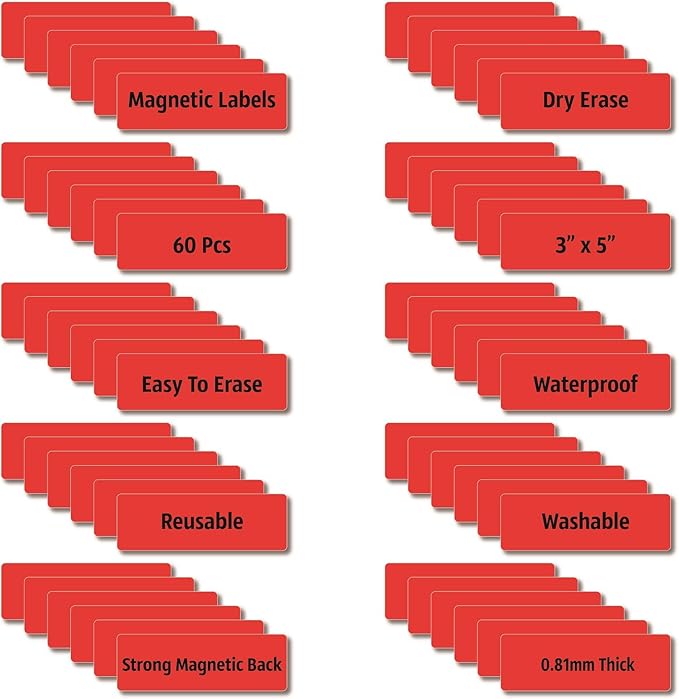 Magnetic Dry Erase Magnets Labels 3x1 inches, Reusable Name Tags, Organizing Schedules in Office/Classroom. Work on Fridge/White Board (Red 60Pcs)