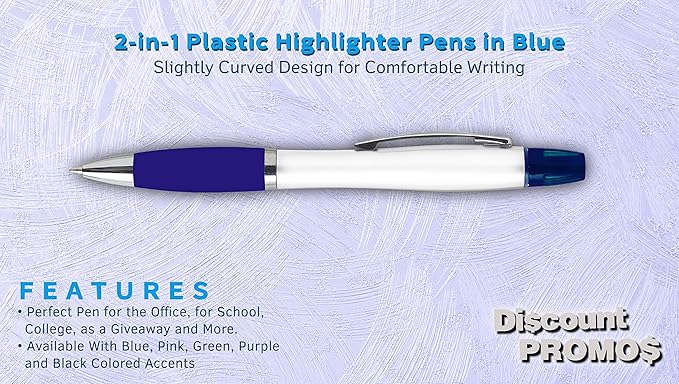 DISCOUNT PROMOS 10 Plastic Highlighter Pens Pack - Rubber Grip, Black Ink - Blue