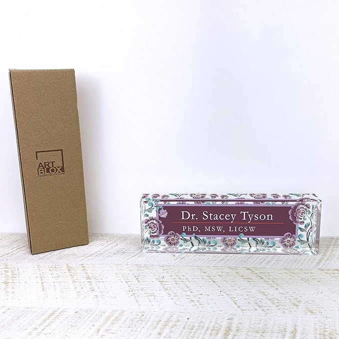 Artblox Personalized Name Plate for Desk | Vintage Design On Clear Acrylic Glass | Custom Plaque Desk Name Plate Personalized Your Name and Credentials Office Office Sign Engraved Plaque