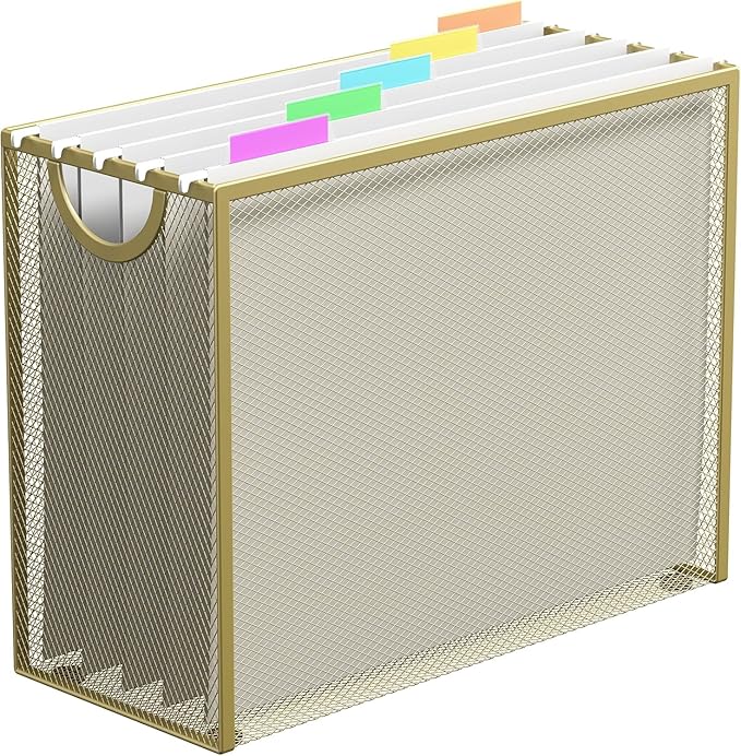 Sinboun Hanging File Organizer Letter-Size File Holder Filing Box Includes 5 Hanging Folders - Metal Mesh Magazine Letter Storage Cabinets File Cart for Office Home School, No Assembly Required Gold