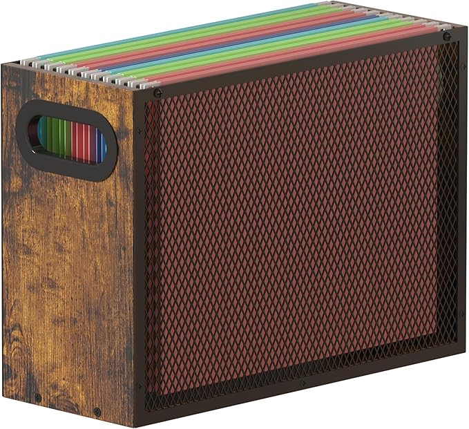 Piskyet Wooden Hanging File Organizer for desk, Metal Mesh File Folder Organizer Crate Cabinet Storage Box with Handle for Home Office Desk,Letter - Size,Rustic Brown