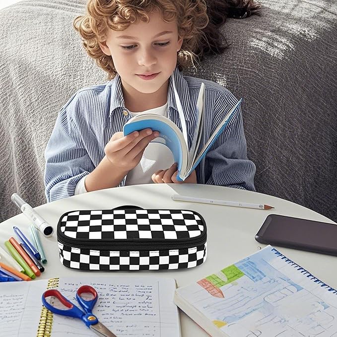 Black White Checkered Pencil Case Pencil Pouch Large Capacity Pen Bag School Office Organizer Stationery Storage Box For Girls Boys Teen Kids