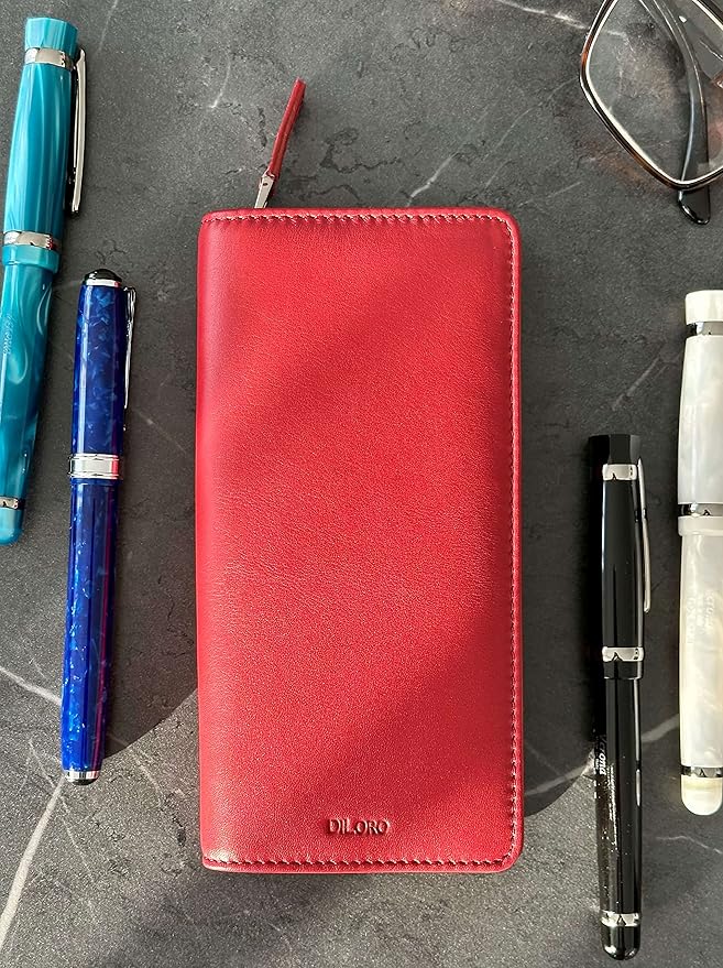 DiLoro Leather Zippered Triple or Quad Pen Case Pencil Pouch Holder for Three or Four Fountain Ballpoint Rollerball Pens or Glasses (Nappa Red)