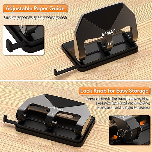 AFMAT Heavy Duty 3 Hole Punch, 50-Sheet Capacity, 50% Reduced Effort Three Hole Puncher for Binder, 10K+ Uses, Large Chip Tray, Adjustable Paper Guide, Office Metal Paper Puncher 3 Ring HP20(Black)