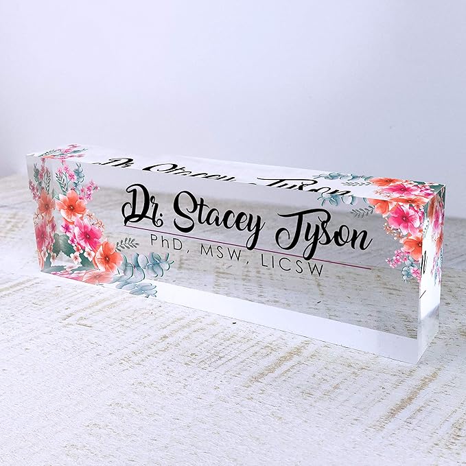 Artblox Office Desk Name Plate Personalized | Custom Name Plates for Desks | Flowers Wild Design On Clear Acrylic Glass | Office Desk Decor - (8" x 2.5")