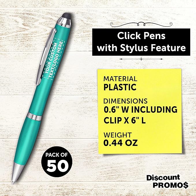 DISCOUNT PROMOS Custom Plastic Stylus Pens Set of 50, Personalized Bulk Pack - Black Ink, Great for Office, School, Business, Tradeshows, Events - Teal