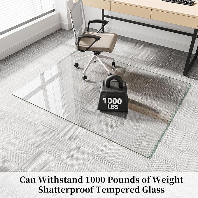 FlyEcho Glass Chair Mat 46" x 60" Heavy Duty Tempered Glass Office Chair Mat, Glass Floor Mat with Round Corner and Polished Edge for Smooth Glide, Carpet Hardwood Floor Protector