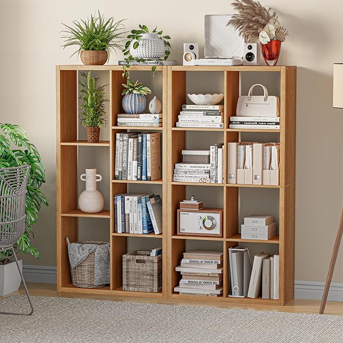 Cube Storage Organizer Bookcase, Decorative 11 inch Open Back Cubical Shelf with Thickened Border, Display Bookshelf for Living Room, Home Office, Sturdy Room (Natural Oak, 8 Cube)