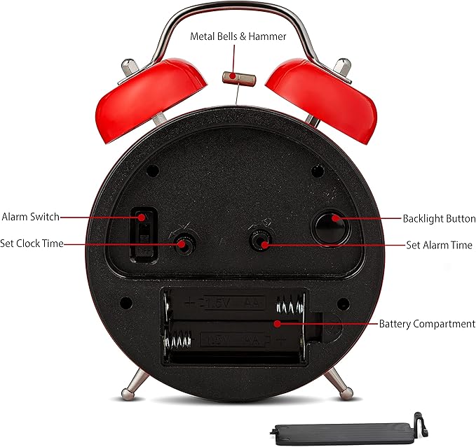 Bernhard Products Analog Alarm Clock 4" Twin Bell Vintage Red Silent Non-Ticking Quartz Battery Operated Extra Loud with Backlight for Bedside Table Desk, Retro Clocks Old Fashioned for Heavy Sleepers