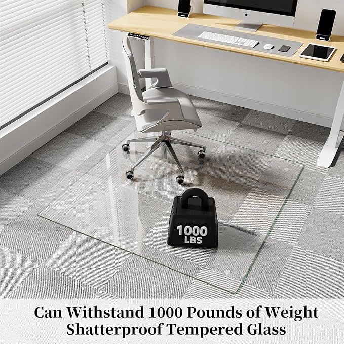 FlyEcho Glass Chair Mat 48" x 48" Heavy Duty Tempered Glass Office Chair Mat, Glass Floor Mat with Round Corner and Polished Edge for Smooth Glide, Carpet Hardwood Floor Protector