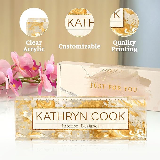 Personalized Name Plate for Desk - Office Gifts for Teacher, Boss, Employee Appreciation - Desk Decor (Golden Wave)