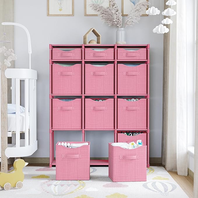 12 Cube Closet Organizers And Storage | Includes All Storage Cube Bins | Easy To Assemble Closet Storage Unit With Drawers | Room Organizer For Clothes, Baby Closet Bedroom, Playroom, Dorm (Pink)