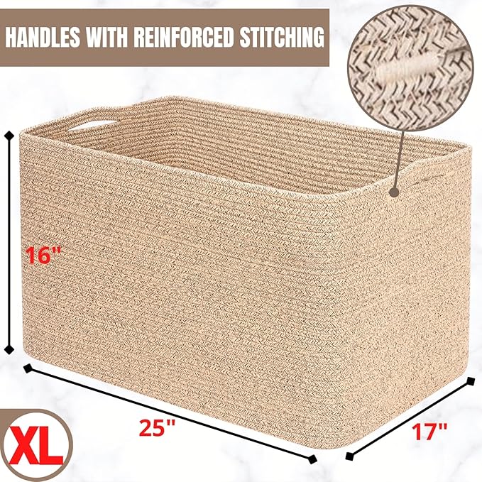 MINTWOOD Design 112L Extra Large Blanket Basket Holder Living Room, 25"x17"x16" Rectangle Rope Woven Storage Basket with Handles for Laundry, Towels, Shoes, Dog Toy Organizer Bin Box, Oatmeal Brown