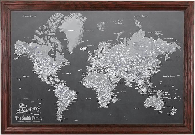 Canvas - Personalized Stormy Dreams World Push Pin Travel Map with Solid Wood Cherry Red Frame