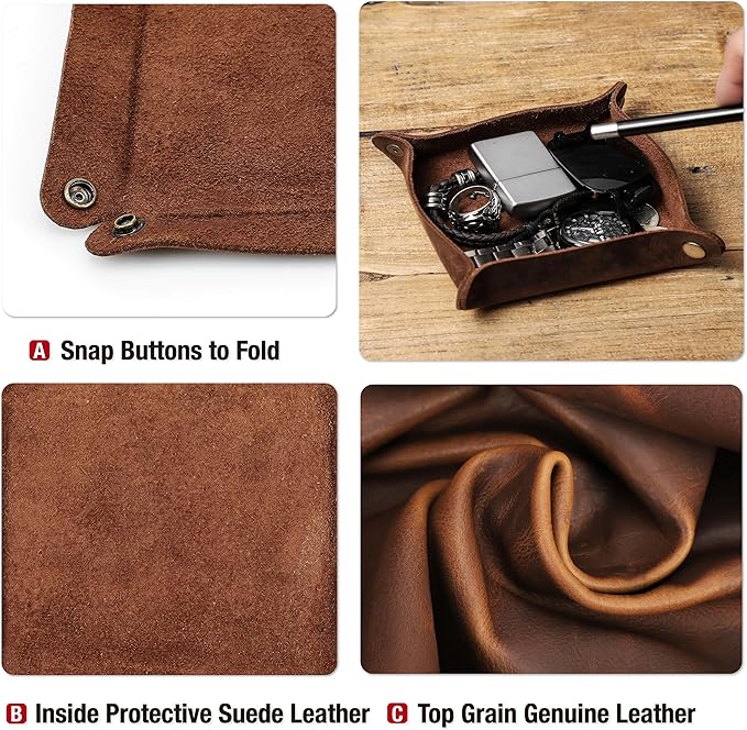 Top Grain Leather Desk Valet Tray Organizer for Man & Woman, Handmade Vintage Design, Foldable Design with Snap Buttons, Office Capacity Organizer Storage for Wallets/Watches/Keys/Coins, Coffee, Small