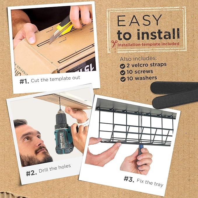 Under Desk Cable Management Tray, Cord Organizer for Wire, Cord Management Under, Wire Holders - Black Tray - Set of 2X 17