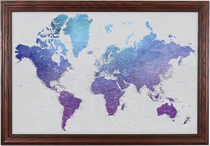 Push Pin Travel Maps - Vibrant Violet Watercolor World - Solid Wood Cherry Framed Pin Map for Tracking Your Travels - 27.5" x 39.5" - 8 Handcrafted Frame Options - Made in USA