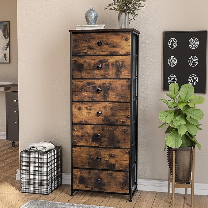 Crestlive Products Tall Dresser, 7-Drawer Fabric Storage Tower, Chests of Drawers - Vertical Organizer Unit for Bedroom, Hallway, Entryway, Nursery, Closets -Wood Top & Handles (Rustic Brown)