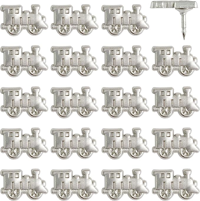 Train Push Pins - Silver Metal Train Pins - for Cork Board, Maps, or Lapel Pin Use - Designed in USA - Set of 20