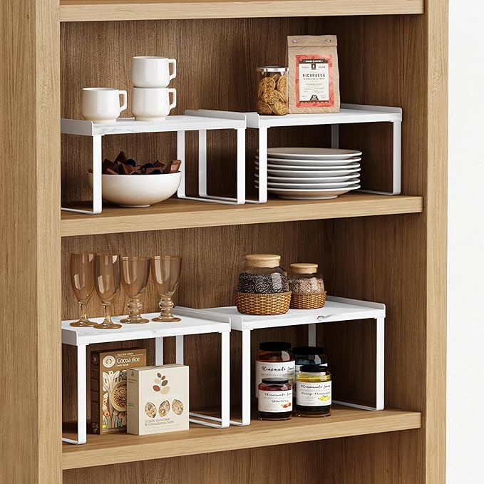White Marble Kitchen Counter Shelf Organizer, Modern Dish Plate Organizer for Cabinet Space Saver, Small Wood Stackable 2 Tier Office Desktop Shelf Risers for Books Monitor - Set of 4