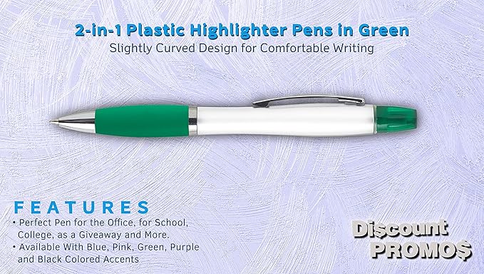 DISCOUNT PROMOS 10 Plastic Highlighter Pens Pack - Rubber Grip, Black Ink - Green