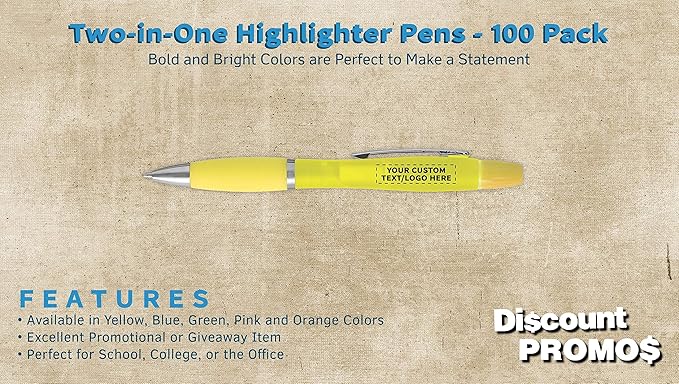 DISCOUNT PROMOS Personalized Two in one Highlighter Pens - 100 pack - Plastic Pens - Customizable Text, Logo - Yellow