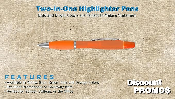 DISCOUNT PROMOS 10 Two in one Highlighter Pens Pack - Ballpoint, Silver Accents - Orange