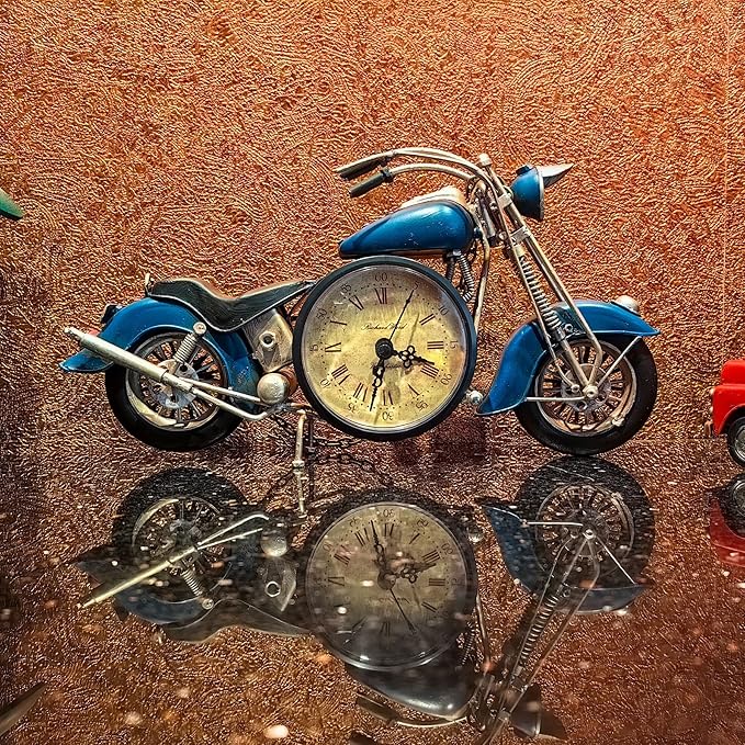 Berfutall-Metal Motorcycle Art Wall Decoration Desk Stand Clock, Battery Operated Creative Home Decoration Gift for Living Room Bedroom Office (B)