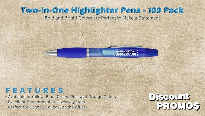 DISCOUNT PROMOS Personalized Two in one Highlighter Pens - 100 pack - Plastic Pens - Customizable Text, Logo - Blue