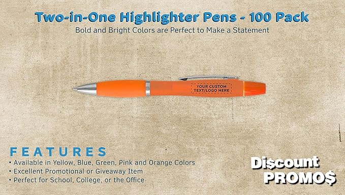 DISCOUNT PROMOS Personalized Two in one Highlighter Pens - 100 pack - Plastic Pens - Customizable Text, Logo - Orange