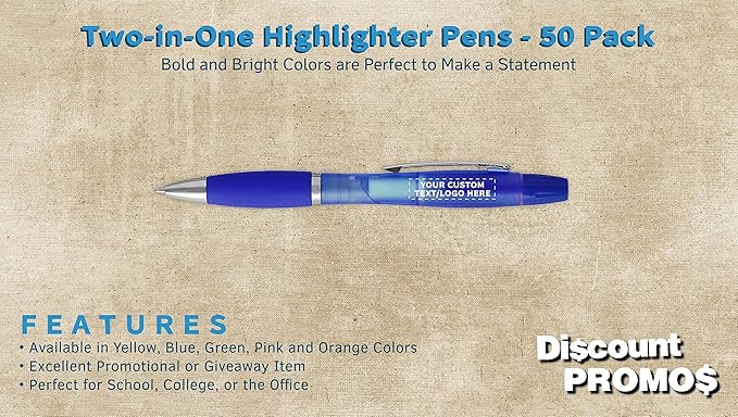 DISCOUNT PROMOS Personalized Two in one Highlighter Pens - 50 pack - Plastic Pens - Customizable Text, Logo - Blue