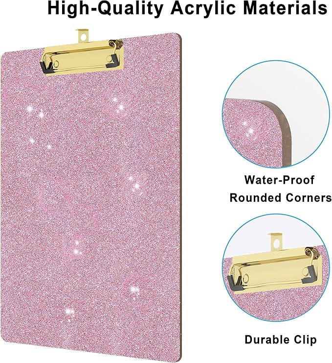 Glitter Acrylic Clipboard Decorative Standard A4 Letter Size 12.2" x 8.7", Fashion Bling Clip Boards with Designed Low Profile Gold Clip for Classroom Office - Warm Pink