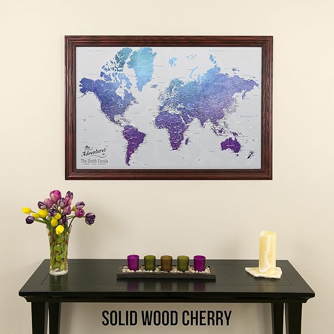 Canvas - Personalized Vibrant Violet World Push Pin Travel Map with Solid Wood Cherry Red Frame