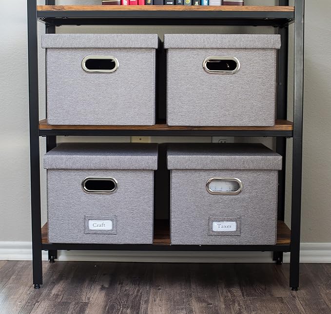 Internet's Best Collapsible File Storage Organizer with Lid - Decorative Linen Filing & Storage Office Box – Hanging Letter/Legal Folder – Home Office Bins Cabinet – Grey Container - 4 Pack