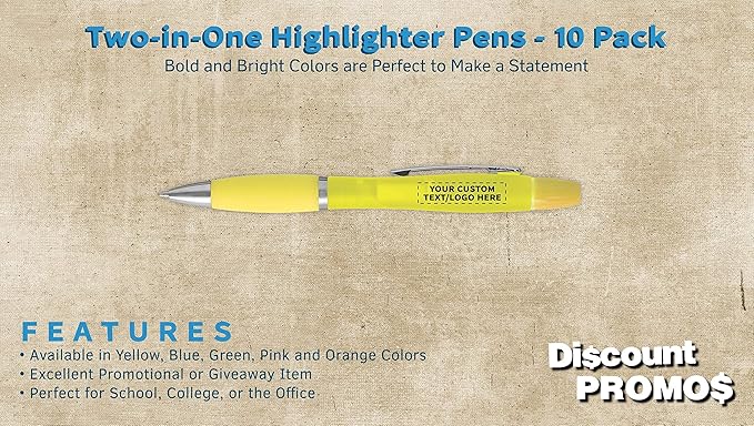 DISCOUNT PROMOS Personalized Two in one Highlighter Pens - 10 pack - Plastic Pens - Customizable Text, Logo - Yellow