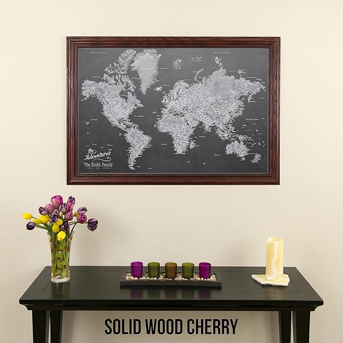Canvas - Personalized Stormy Dreams World Push Pin Travel Map with Solid Wood Cherry Red Frame