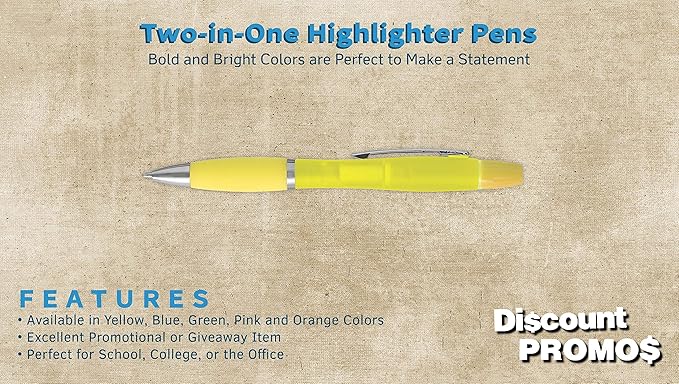 DISCOUNT PROMOS 10 Two in one Highlighter Pens Pack - Ballpoint, Silver Accents - Yellow