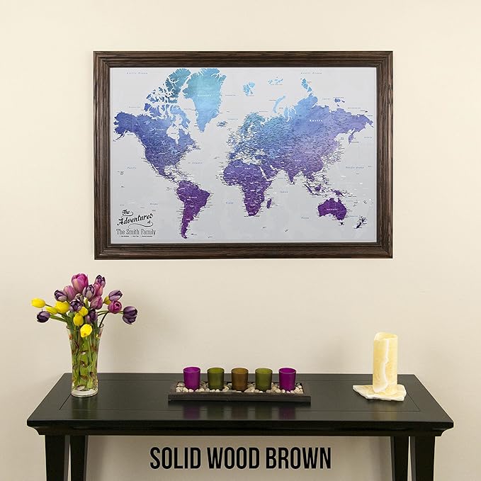 Push Pin Travel Maps Canvas - Personalized Vibrant Violet World with Solid Wood Brown Frame
